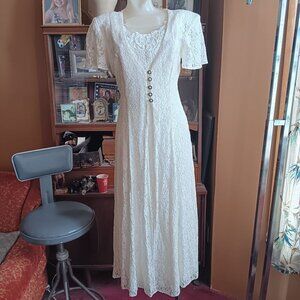 sz 8 Vintage Dawn Joy Ivory Lace Maxi Dress W/ Button Front/Corset Back 2 Piece
